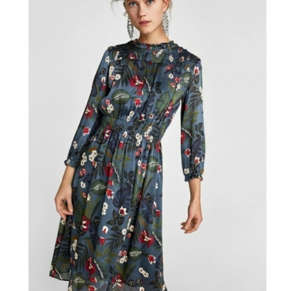 Zara Blue Satin Effect Smocked Floral Print Midi Dress Large